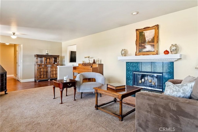 26 Deer View Ln, Templeton, CA 93465 - carpeted living area with baseboards and a tile fireplace