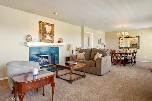 26 Deer View Ln, Templeton, CA 93465 - living room featuring light colored carpet, a chandelier, baseboards, and a fireplace