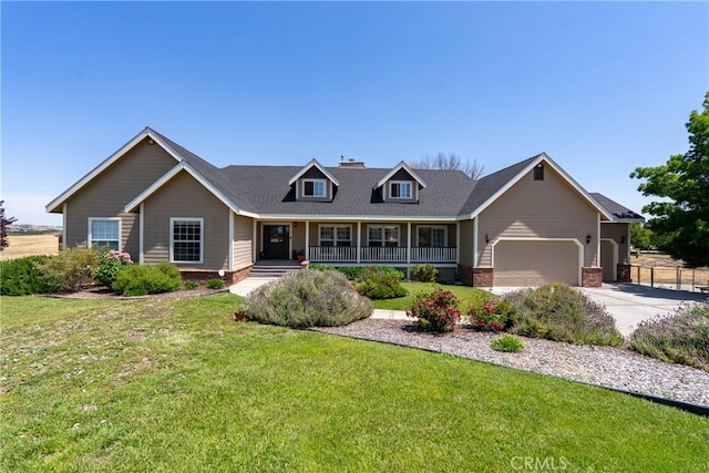26 Deer View Ln, Templeton, CA 93465 - view of front of house with a porch, an attached garage, concrete driveway, brick siding, and a chimney