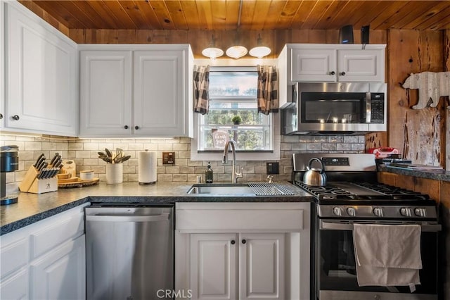 865 Bear Mtn, Big Bear City, CA 92314 - kitchen featuring stainless steel appliances, wooden ceiling, a sink, tasteful backsplash, and white cabinets
