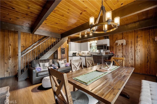 865 Bear Mtn, Big Bear City, CA 92314 - dining area with a chandelier, wood ceiling with exposed beams, wood walls, stairs, and wood finished floors