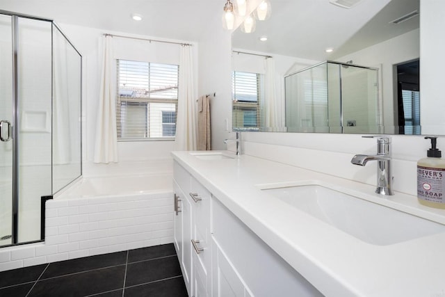 1807 Mesquite Way, Oceanside, CA 92056 - bathroom featuring a shower stall, a garden tub, double vanity, tile patterned flooring, and recessed lighting