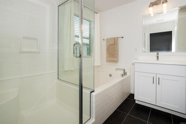 1807 Mesquite Way, Oceanside, CA 92056 - full bathroom featuring tile patterned floors, a stall shower, vanity, and a garden tub