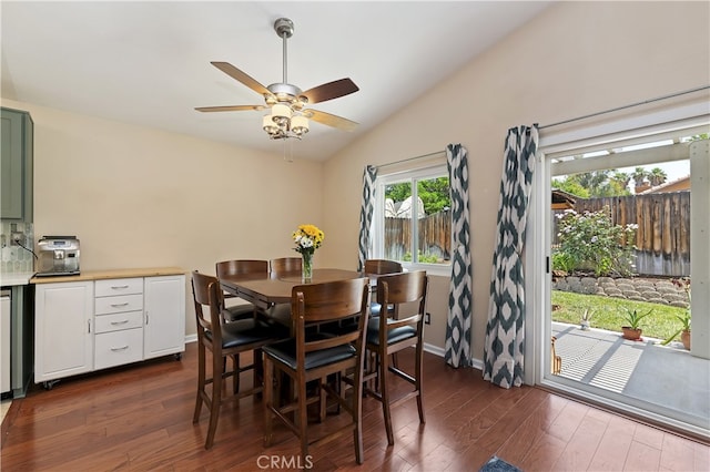 1361 Lindsey, San Jacinto, CA 92583 - dining area featuring lofted ceiling, dark wood-type flooring, a ceiling fan, and baseboards