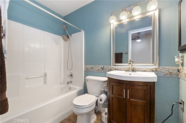 1361 Lindsey, San Jacinto, CA 92583 - full bathroom with  shower combination, toilet, vanity, a wainscoted wall, and ceiling fan
