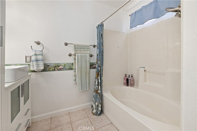 1361 Lindsey, San Jacinto, CA 92583 - bathroom featuring shower / bathtub combination with curtain, tile patterned flooring, and baseboards