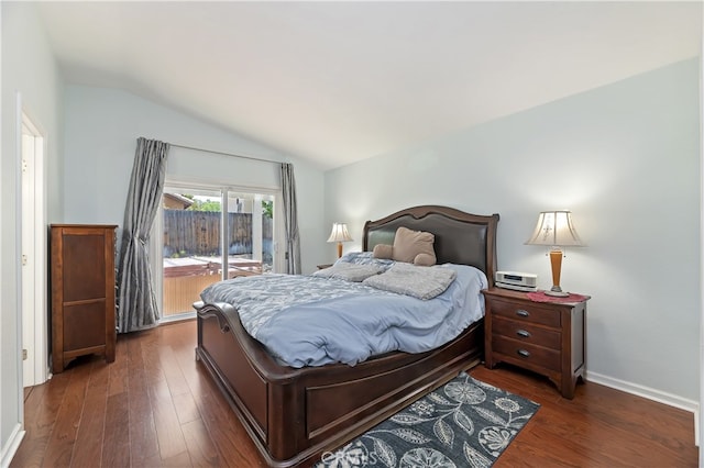 1361 Lindsey, San Jacinto, CA 92583 - bedroom featuring access to exterior, vaulted ceiling, hardwood / wood-style floors, and baseboards