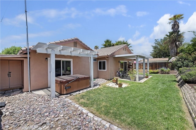 1361 Lindsey, San Jacinto, CA 92583 - back of house featuring a hot tub, a pergola, a tile roof, and stucco siding