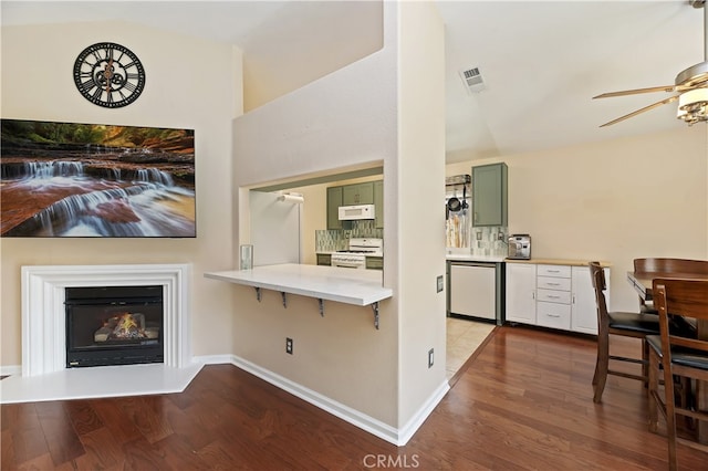 1361 Lindsey, San Jacinto, CA 92583 - living room with dark wood-style flooring, lofted ceiling, ceiling fan, a glass covered fireplace, and baseboards