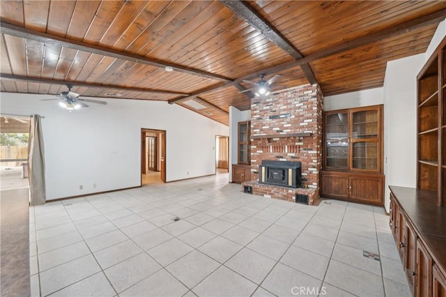 14676 Poplar St, Hesperia, CA 92345 - unfurnished living room featuring ceiling fan, wooden ceiling, light tile patterned flooring, and baseboards