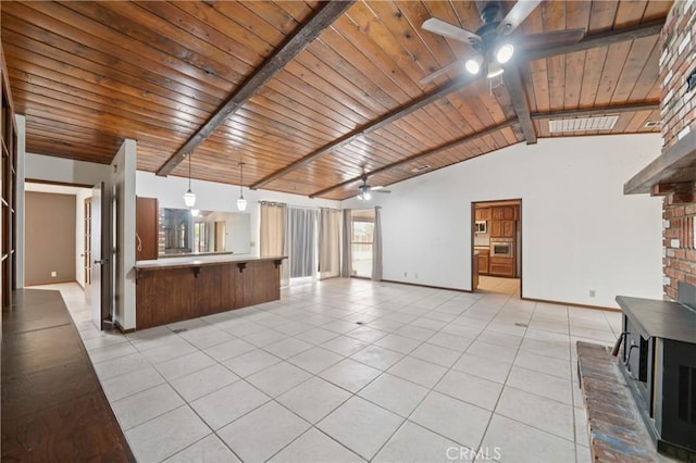 14676 Poplar St, Hesperia, CA 92345 - unfurnished living room featuring ceiling fan, light tile patterned floors, wood ceiling, a wood stove, and baseboards