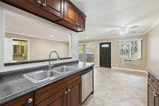 310 S Miraleste Dr Unit 69, San Pedro, CA 90732 - kitchen with stainless steel dishwasher, a sink, an AC wall unit, dark countertops, and crown molding