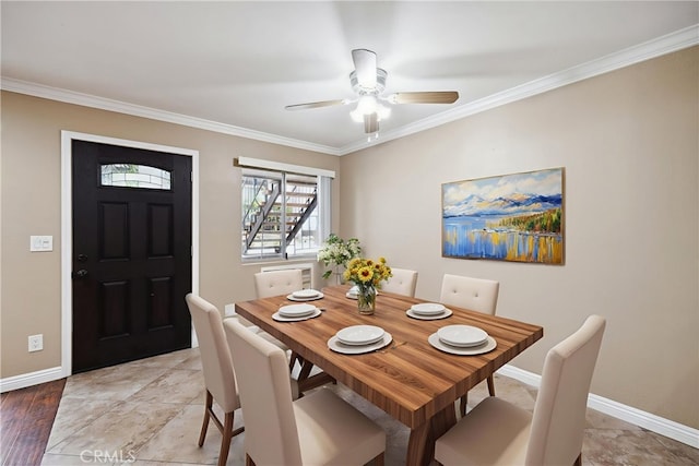 310 S Miraleste Dr Unit 69, San Pedro, CA 90732 - dining area with crown molding, baseboards, and a ceiling fan