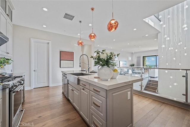 26290 Paseo Sillin, San Juan Capistrano, CA 92675 - kitchen with appliances with stainless steel finishes, a sink, gray cabinets, light wood finished floors, and recessed lighting