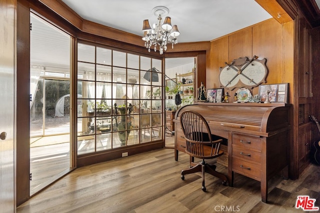 728 S Windsor Blvd, Los Angeles, CA 90005 - office space featuring a chandelier, wood finished floors, and wood walls