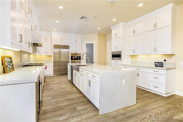 71 Einstein Way, Irvine, CA 92618 - kitchen with stainless steel appliances, a sink, light wood-style floors, white cabinets, and recessed lighting