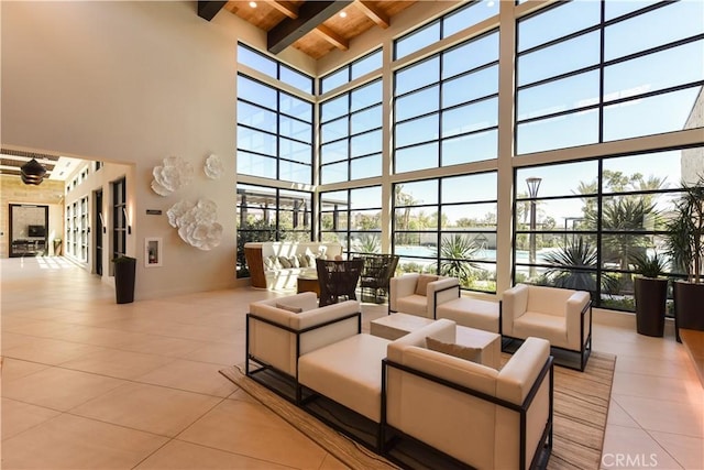 71 Einstein Way, Irvine, CA 92618 - community lobby with a towering ceiling and wood ceiling with exposed beams