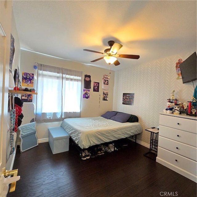 1822 Glover St, Redlands, CA 92374 - bedroom with wallpapered walls, baseboards, hardwood / wood-style floors, and a ceiling fan