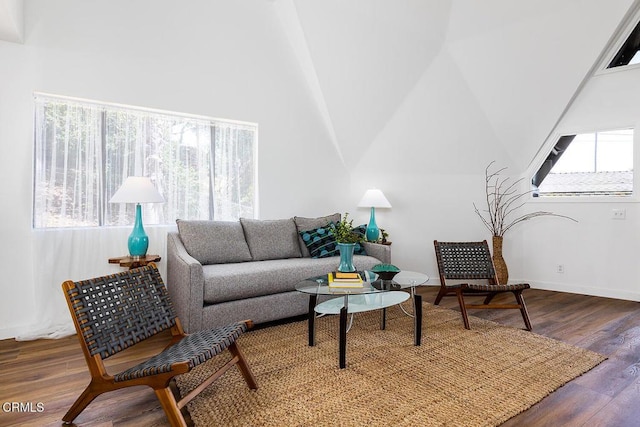 4991 Coringa Dr, Highland Park, CA 90042 - living room featuring wood finished floors and high vaulted ceiling