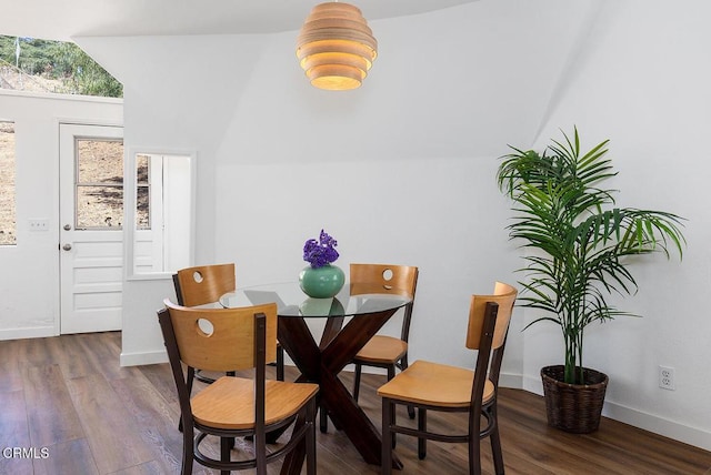 4991 Coringa Dr, Highland Park, CA 90042 - dining area with dark wood-style floors, baseboards, and lofted ceiling