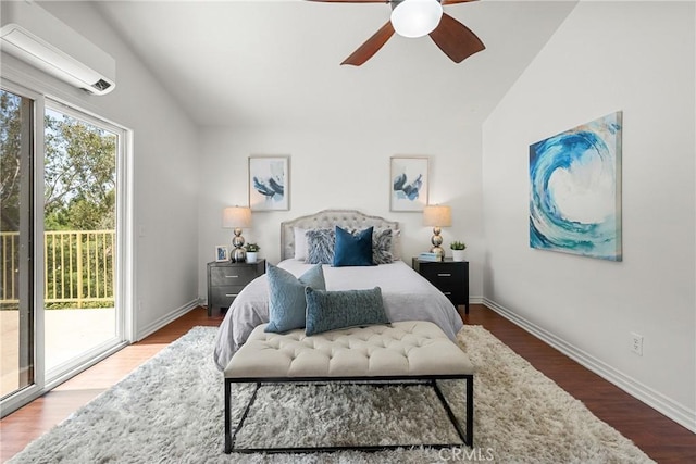 27831 Silverton Ct, Valencia, CA 91354 - bedroom with an AC wall unit, access to exterior, vaulted ceiling, wood finished floors, and a ceiling fan