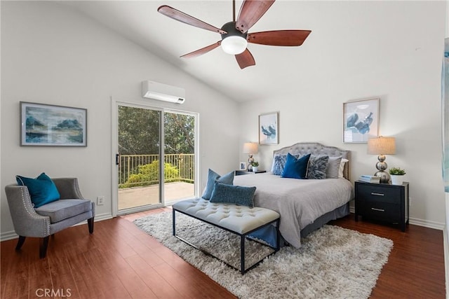 27831 Silverton Ct, Valencia, CA 91354 - bedroom featuring a wall unit AC, access to exterior, dark wood finished floors, a ceiling fan, and high vaulted ceiling