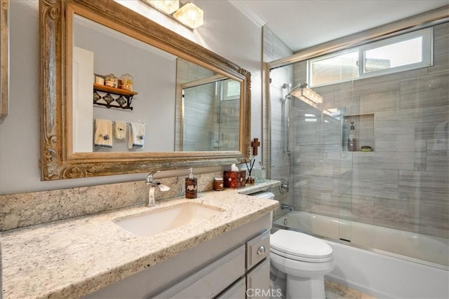 849 Shade Tree Ln, Fallbrook, CA 92028 - full bathroom with vanity, toilet, combined bath / shower with glass door, and ornamental molding