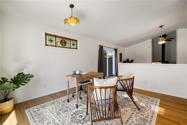 1720 N Cherry St, Chico, CA 95926 - dining room featuring lofted ceiling, wood finished floors, an office area, and a ceiling fan