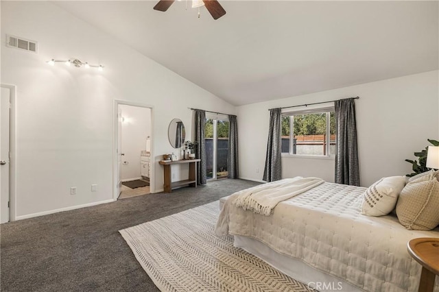 1720 N Cherry St, Chico, CA 95926 - bedroom featuring carpet floors, high vaulted ceiling, ensuite bath, and a ceiling fan