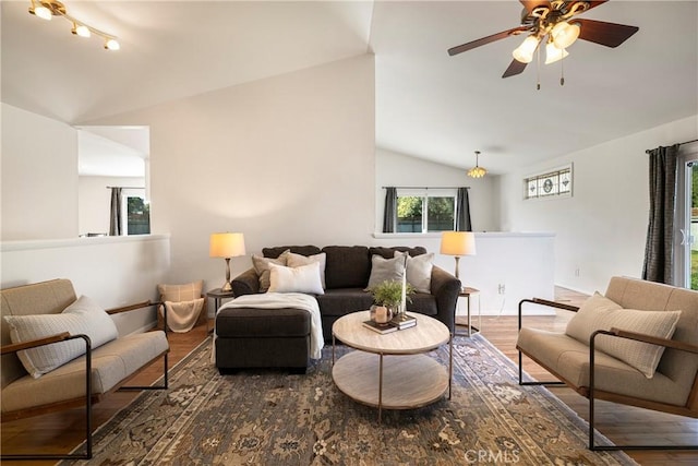 1720 N Cherry St, Chico, CA 95926 - living room featuring vaulted ceiling, wood finished floors, and ceiling fan