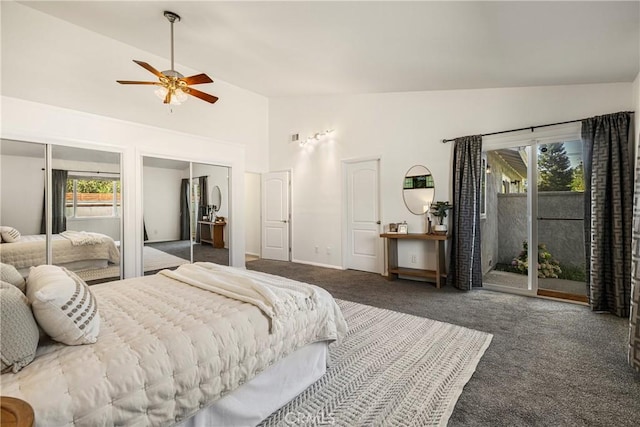 1720 N Cherry St, Chico, CA 95926 - carpeted bedroom featuring multiple closets, ceiling fan, and high vaulted ceiling