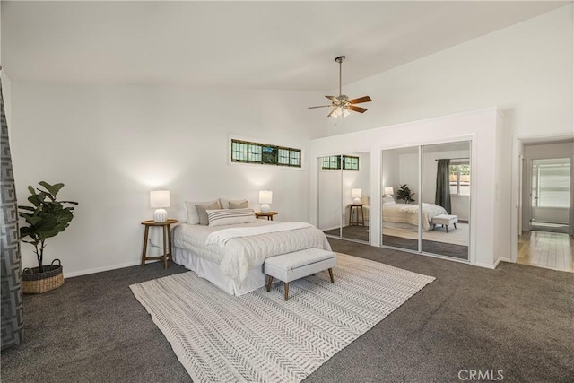 1720 N Cherry St, Chico, CA 95926 - bedroom featuring two closets, carpet flooring, vaulted ceiling, and ceiling fan