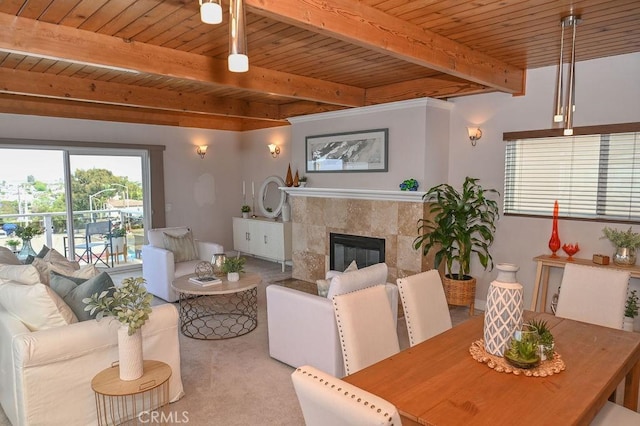 204 Larsson St, Manhattan Beach, CA 90266 - carpeted living area featuring a wooden ceiling with exposed beams and a tiled fireplace