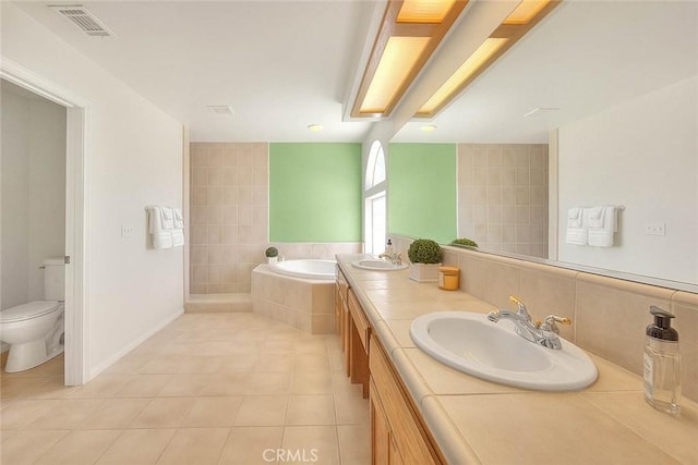 8250 Snow Cap Ave, Pinon Hills, CA 92372 - bathroom with tile patterned flooring, a garden tub, toilet, and double vanity