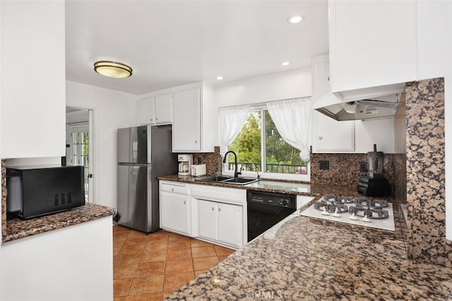 5245 Grandview Ave, Yorba Linda, CA 92886 - kitchen featuring a sink, black appliances, white cabinets, tasteful backsplash, and light tile patterned flooring