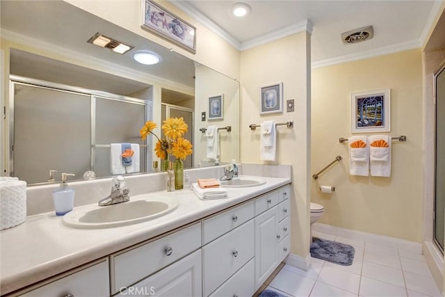 2160 Via Mariposa E Unit D, Laguna Woods, CA 92637 - bathroom with crown molding, double vanity, a stall shower, toilet, and tile patterned floors