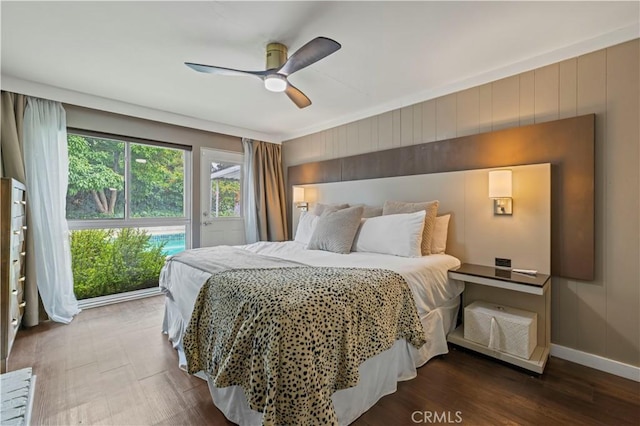 7417 Ponce Ave, West Hills, CA 91307 - bedroom with baseboards, a ceiling fan, wood finished floors, and wood walls