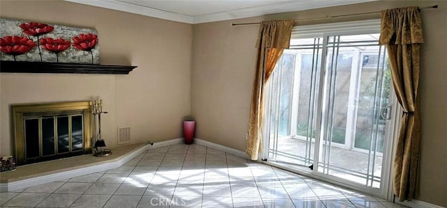 9715 Raven Cir, Fountain Valley, CA 92708 - unfurnished living room with tile patterned flooring, a glass covered fireplace, ornamental molding, and baseboards