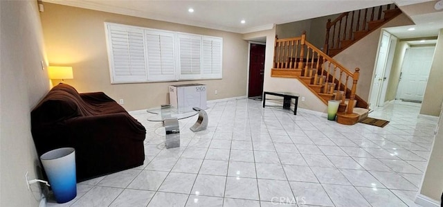 9715 Raven Cir, Fountain Valley, CA 92708 - living room with stairway, ornamental molding, recessed lighting, baseboards, and light tile patterned flooring
