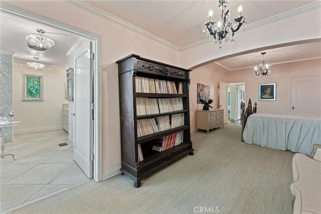 3492 Circle Rd, San Bernardino, CA 92405 - bedroom featuring a chandelier, arched walkways, ornamental molding, baseboards, and light carpet