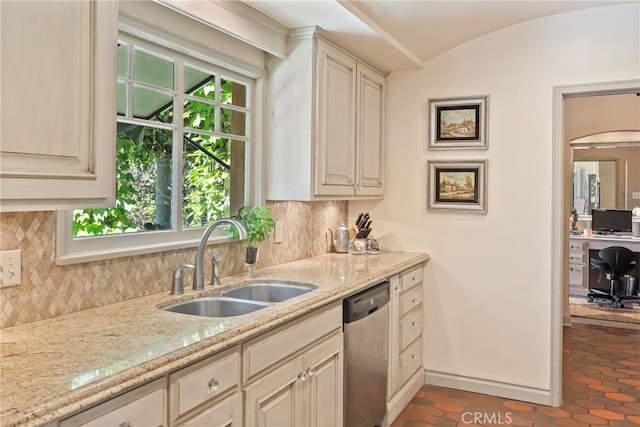 3492 Circle Rd, San Bernardino, CA 92405 - kitchen featuring dishwasher, a sink, backsplash, light stone countertops, and baseboards