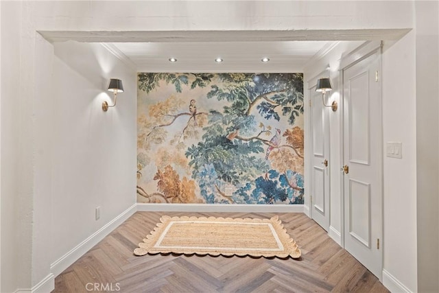 3492 Circle Rd, San Bernardino, CA 92405 - corridor featuring baseboards, crown molding, and recessed lighting