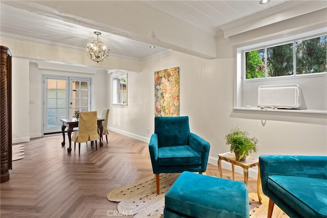 3492 Circle Rd, San Bernardino, CA 92405 - sitting room featuring a chandelier, ornamental molding, recessed lighting, baseboards, and cooling unit
