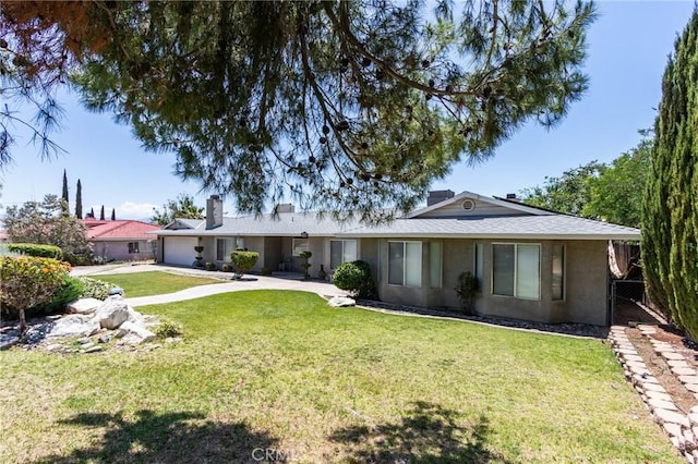 15799 Cromdale St, Hesperia, CA 92345 - ranch-style house with a garage, a front lawn, stucco siding, a chimney, and concrete driveway
