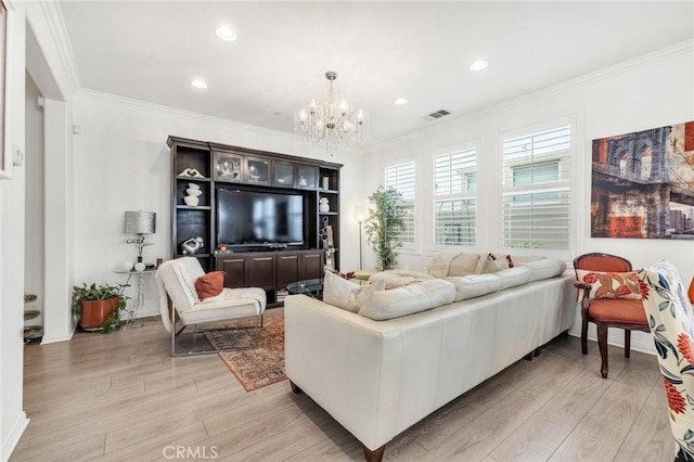 6038 Grace St, Chino, CA 91710 - living area featuring a chandelier, ornamental molding, light wood finished floors, and recessed lighting