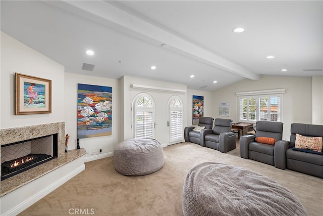 911 Buena Vis Unit 1, San Clemente, CA 92672 - carpeted living room with recessed lighting, a high end fireplace, and baseboards