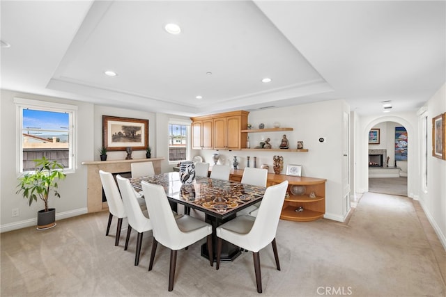 911 Buena Vis Unit 1, San Clemente, CA 92672 - dining space featuring a raised ceiling, light carpet, baseboards, and recessed lighting