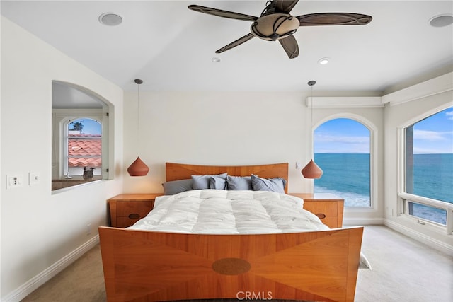 911 Buena Vis Unit 1, San Clemente, CA 92672 - bedroom featuring light colored carpet, baseboards, ceiling fan, and lofted ceiling