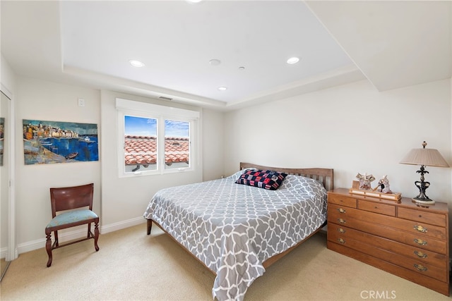 911 Buena Vis Unit 1, San Clemente, CA 92672 - bedroom with light colored carpet, baseboards, a raised ceiling, and recessed lighting