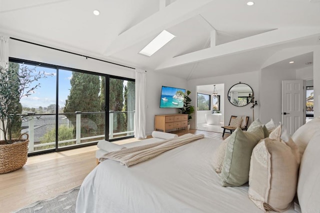 1368 Hymettus Ave, Encinitas, CA 92024 - bedroom featuring beam ceiling, wood finished floors, recessed lighting, high vaulted ceiling, and access to outside